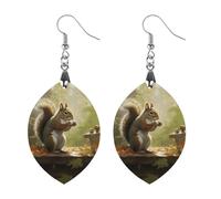 Wooden Squirrel Eats Nuts Earrings for Women Lightweight Dangle Earrings Ethnic Geometric Apricot Shaped Earring Vintage Retro Jewelry Gift for Daily Wear Wedding Party Graduation
