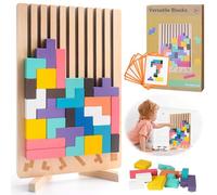 Wooden Stacking Puzzle Toy,3D Wooden Stacking Puzzles Toy,Game with 10 Cards,Interactive Board Game Geometric Builiding Toys,Stress Relief Colourful Intelligence for Kids and Adults