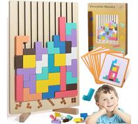 Wooden Stacking Puzzle Toy, Tetris Game with 10 Cards, Montessori Stacking Toys, Improve Color Recognition and Logic Abilities, Intelligence Geometric Builiding Toys for Kids