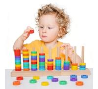 Wooden Stacking Toys - Wooden Rainbow Rings Sorting Game | Color Recognition Sensory Toy | Shape Matching Sensory Play For Kids 3+ Preschool Classroom Home Birthday Gift
