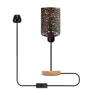 Wooden Stand Bedside Table Lamp Modern Round Nightstand Lamp with Solid Wood Desk Metal Barrel Cage with 3 Pin Plugin On/Off Switch Control Lamp for Bedroom (Brushed Copper)