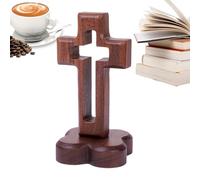 Wooden Standing Cross with Jesus Christ - Walnut Wood Easter Ornament with Flower Shaped Base, Catholic Cross Desk Decoration & Openwork Faith Craft, 12x6.5x6.5cm, 160g Home & Church Decoration