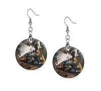 Wooden Steam Train Earrings for Women Lightweight Dangle Earrings Ethnic Geometric Round Earring Vintage Retro Jewelry Gift for Daily Wear Wedding Party Graduation