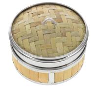 Wooden Steamer Basket with Lid, Stainless Steel Bamboo Basket Set | 18cm Size, Beige Finish, for Bao Dough and Seafood, Home Kitchens or Commercial Use