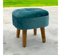Wooden Stool Velvet Upholstered Blue Round Seat with Wooden Legs Compact Sturdy