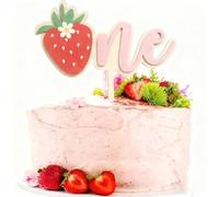Wooden Strawberry One Cake Topper,First Birthday Sweet One Strawberry Themed Cake Decor for Baby Shower Kids 1st Birthday Party Supplies