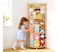 Wooden Stuffed Animal Storage Corner Organizer with Stability Strap, Space-Saving 1/4 Circular Plushie Holder for 30+ Plushies,Stuffed Animal Zoo Tower for Livingroom Organizer and Storage