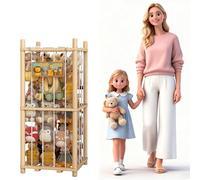 Wooden Stuffed Animals Storage Tower, Vertical Stuffy Animal Zoo Organizer with Nameplate, Medium Stuffed Animal Cage for Kids Room, Stuffy Storage Holder for Nursery and Playroom Natural Wood V18