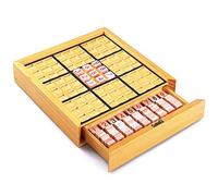 Wooden Sudoku Board Game with Drawer Wood Puzzle Set Math Brain Teaser Desktop Toys 81 Numbers 9 Spare Digits 10 Operation Symbols No Pencil Paper Required Safe Durable -Sided Tiles for Trial Error Ea