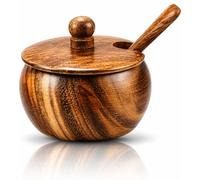 Wooden Sugar Bowl with Lid & Spoon, Spice Jar Tea Storage Condiment Holder