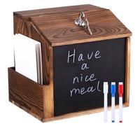 Wooden Suggestion Box Lockable Suggestion Box Wall Mount with Lock Side Slot Writing Blackboard (8.2 x 7.8 x 6.5 Inch)