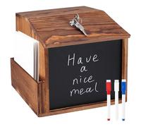 Wooden Suggestion Box with Blackboard and Lock, Wall Mounted Letter Boxes Charity Donation Ballot Box, Anonymous Collection Containers with 3 Pens