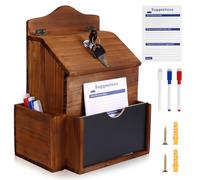 Wooden Suggestion Box with Blackboard and Lock, Wall Mounted Letter Boxes Charity Donation Ballot Box, Anonymous Collection Containers with 3 Pens and 10 Cards