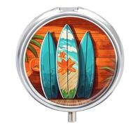 Wooden Surfboard Pill Box 3 Compartment Travel Pill Organizer 3 Times A Day Cute Mini Pill Case for Purse & Pocket Portable Metal Medicine Box with Mirror Round Daily Medicine Vitamin Container