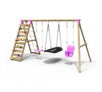 Wooden Swing Set with Baby Seat, Boat Swing and Climbing Wall - Skye Pink Rebo Pink One Size