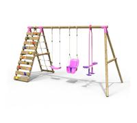 Wooden Swing Set with Baby Seat, Glider and Climbing Wall - Sienna Pink Rebo Pink One Size