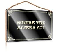 Wooden Table Decor Wood Sign - Painted Surface & Bathroom Rules Wall Decor/Office Cubicle Decor | Farmhouse Wall Decor Living Room For Where The Aliens At?