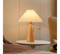 Wooden Table Lamp, Mid Century Bedside Light with Fabric Shade and Pull Chain Switch, Ideal for Reading and Ambient Lighting in Bedroom or Living Room