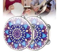 Wooden Tambourine Hand Held Drum Bells 2Pcs, 8 inch Hand Held Tambourine Drum for Church Party with Sheepskin Drumhead, Single Row Jingles Musical Percussion Instrument Educational Drum