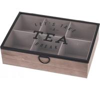 Wooden Tea Box with Glass Lid - 6 Compartment Tea Bag Storage Organiser - Rustic Wooden Display Box for Tea, Spices, or Trinkets