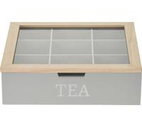 Wooden Tea Box with Glass Lid - 9 Compartment Tea Bag Storage Organiser - Rustic Wooden Display Box for Tea, Spices, or Trinkets (Grey)