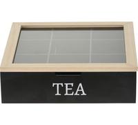 Wooden Tea Box with Glass Lid - 9 Compartment Tea Bag Storage Organiser - Rustic Wooden Display Box for Tea, Spices, or Trinkets (Black)