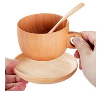 Wooden Tea Cups, 290 ml Natural Wooden Drink Container with Spoon - Coffee Set with Saucer, for Tea, Coffee, Whiskey, Outdoor, Garden, Balcony, Patio, Home, Picnic, Camping, Party