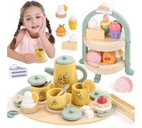 Wooden Tea Party Set for Little Girls, Toddler Tea Set with Cupcake Stand & Food Dessert, Pretend Play Food Kitchen Accessories for Kids Girls Age 2 3 4 5 6 Birthday Gift Wood Educational Toys