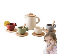 Wooden Tea Set - Colourful Pretend-Play Princess Tea Time Toy, Durable Wood Party Cups, Plates & Teapot | Educational Indoor Play Colourful Toy Set for Birthday, Christmas or Children