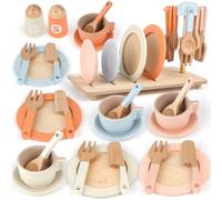 Wooden Tea Set for Toddlers Toy Kitchen Accessories 27 PCS Kids Pots and Pans Playset Wooden Play Food for Toddlers Girls Boys Age 2 3 4 (Pink)