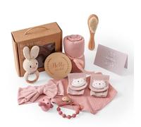 WOODEN TEETHER 10-Piece Baby Gift Set (Engravable & Blessed), Newborn Gift Set Baby Bath Set for Newborns Baby Girl Gifts and Baby Boy Gifts for Baby Shower (Pink)