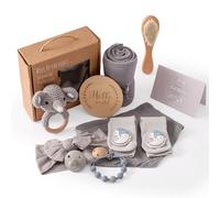 WOODEN TEETHER 10-Piece Baby Gift Set for Birth for boy and Girl, Personalised Gifts, Bath Towels, Rattle, Milestone Cards, bib, Sock, Brush, Baby Shower (Grey)