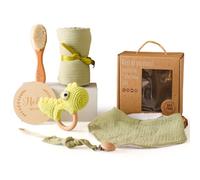 WOODEN TEETHER 6 Piece Gift for Newborns, Baby Gift Boy, Baby Gift Girl, Bath Towel, Bib, Rattle, Milestone, Brush, as Baby Set for Newborns