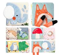 WOODEN TEETHER Baby Cloth Books,Soft Crinkle Book with Mirror, Sensory Books Toy 0-6 Months for Newborns - Touch and Feel Soft Books for Infants Baby Gifts - Elephants