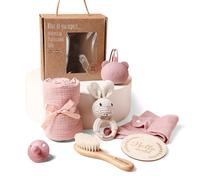 WOODEN TEETHER Baby Gift Set (Engravable & Blessed) Newborn Gift Set Newborn Essentials Baby Bath Set with Baby Blanket Baby Rattle Newborn Baby Girl Gifts and Baby Boy Gifts for Baby Shower