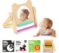 WOODEN TEETHER Baby Mirror Toy - Montessori Baby Mirrors with 120 Pages of Visually Stimulating Cards, Wooden Tummy Time Mirror Toys, Montessori Toys for Newborns 0 3 6 12 Months