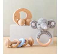 WOODEN TEETHER Wooden Baby Rattle Set 3 PCS Push Car Crochet Rattle Ring - Wooden Montessori Toys for Newborn Infant Baby 3-6-12 Months Gifts (Grey Elephant)