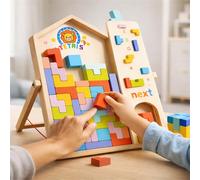 Wooden Tetris Block Puzzle Board For Kids, House Frame Shape Fitting Logic Game With Next Piece Guide, Screen Free STEM Learning Toy For Home Classroom Travel (B)