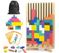Wooden Tetris Puzzle Toy, 3D Montessori Wooden Stacking Puzzles Toy, Colorful Tetris Game with 10 Cards, Intelligence Geometric Builiding Toys, Blocks Game for Adults and Kids, Family Activity, Gift