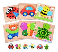 Wooden Toddler Puzzles Gifts Toys for 1 2 3 Year Old Boys Girls Baby Infant Kid Learning Educational 6 Animal Shape Jigsaw Eco Friendly Child Kid Montessori Stem Travel Toy