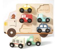 Wooden Toddler Puzzles with 6 Emergency & City Vehicles - Montessori Puzzle for 1-3 Years Old Boys Girls, Educational Wooden Toy Cars Set for Toddlers