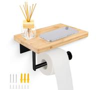 Wooden Toilet Roll Holder with Shelf, No Drilling, Bamboo, Toilet Tissue Holder Made of Stainless Steel and Bamboo Combination