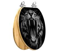 Wooden Toilet Seat Elongated Black White Tiger Pattern Slow Quiet Close Quick-Release Hinges Bumpers Easy to Install & Clean