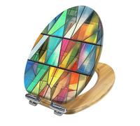 Wooden Toilet Seat Elongated Slow Quiet Close Quick-Release Hinges Black Colored Glass Seamless Triangular Pattern Easy to Clean & Install