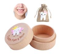 Wooden Tooth Fairy Box with Tooth Fairy Bag Set Round Collect Lost Tooth Case Keepsake Organizer Cute Souvenir Baby Teeth Storage Box Kids Gift for Birthday Baby Shower to Keep the Childhood Memory