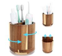 Wooden Toothbrush Holders, 360° Rotating Toothbrush Cup with 4 Ventilation Holes and Removable Divider, Wooden Utensil Holder Makeup Brushes Holder for Bathroom, Kitchen, Studyroom and Vanity