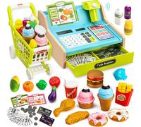 Wooden Toy Cash Register with Scanner Realistic for Kids, Pretend Play & Rich Accessories, Role-Play Gift for Boys Girls Age 4-8 (Blue-Green)