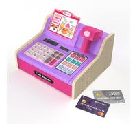 Wooden Toy Cash Register with Scanner Realistic for Kids, Pretend Play & Rich Accessories, Role-Play Gift for Boys Girls Age 4-8 (Purple-Pink)