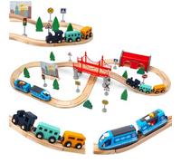 Wooden Train Set 52PCS, Electric Train Sets with Wooden Train Track, Magnetic Train, Bridge Track Railway Kits for Kids Boys Ages 3+ Years Old, Birthday Christmas New Year Gifts for Kids Boys Girls