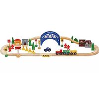 Wooden Train Set with Railway Track, 60 Pieces, City Buildings and Accessories, Bridge Set